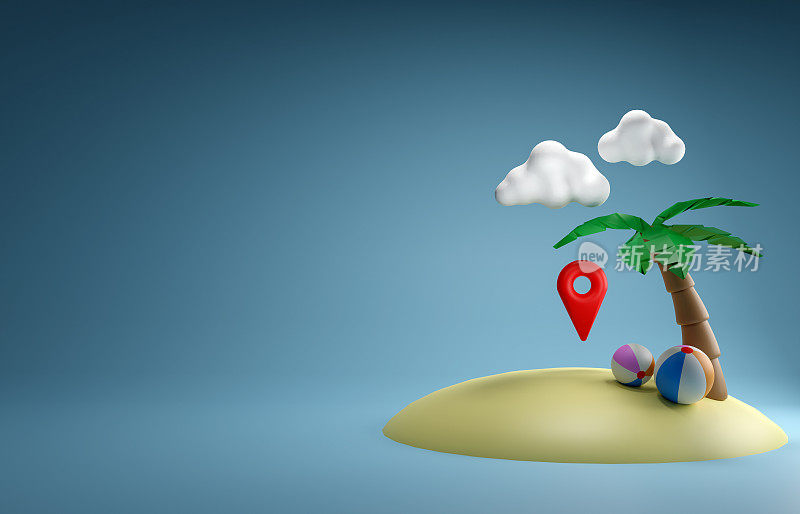 3D地图位置和岛屿abd球海滩。旅行夏日3D概念。3 d渲染插图。